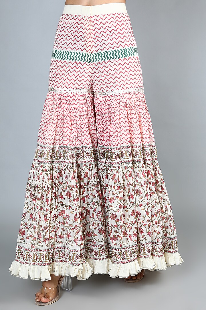 White Block Printed & Embroidered Gharara Set For Girls by Nazar by Indu - Kids at Pernia's Pop Up Shop
