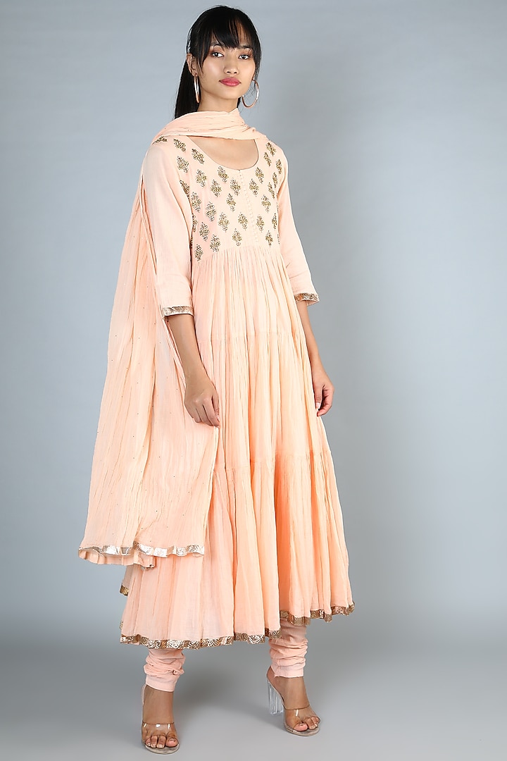 Peach Embroidered Long Kurta Set For Girls by Nazar by Indu - Kids
