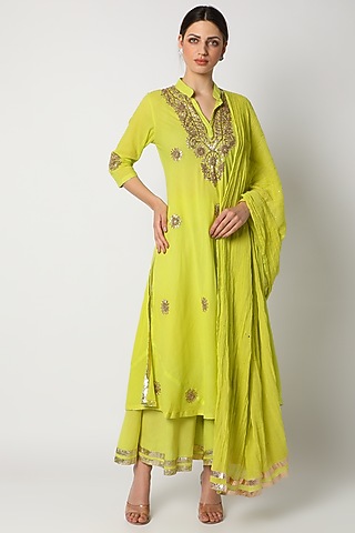 Lime Green Kundan Sharara Set For Girls by Nazar by Indu - Kids