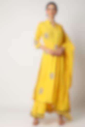 Yellow Moti & Aari Sharara Set For Girls by Nazar by Indu - Kids