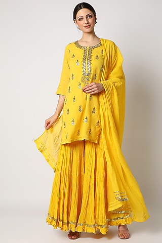 Yellow Gharara Set With Mirror Work For Girls by Nazar by Indu - Kids