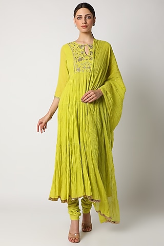 Lime Green Kurta Set With Aari Work For Girls by Nazar by Indu - Kids