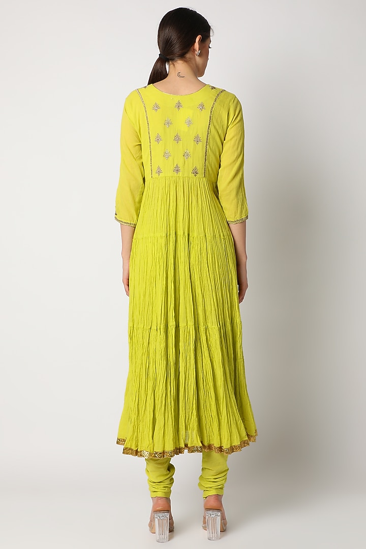 Lime Green Kurta Set With Aari Work For Girls by Nazar by Indu - Kids at Pernia's Pop Up Shop