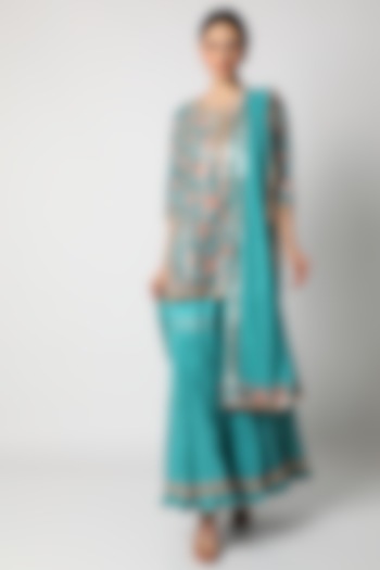 Turquoise Printed Gharara Set For Girls by Nazar by Indu - Kids