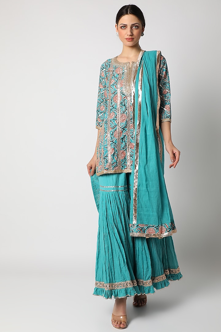 Turquoise Printed Gharara Set For Girls by Nazar by Indu - Kids