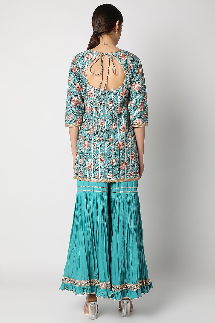 Turquoise Printed Gharara Set For Girls by Nazar by Indu - Kids at Pernia's Pop Up Shop