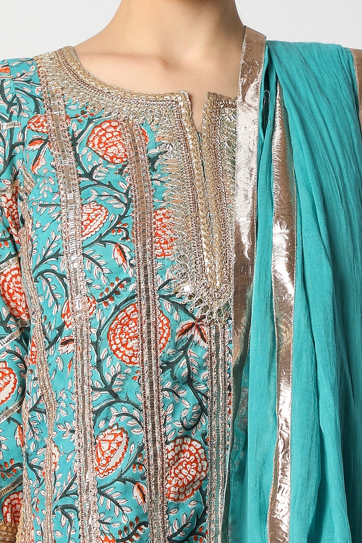 Turquoise Printed Gharara Set For Girls by Nazar by Indu - Kids at Pernia's Pop Up Shop