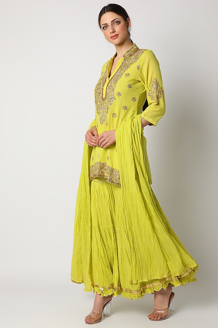 Lime Green Gharara Set With Kundan Work For Girls by Nazar by Indu - Kids