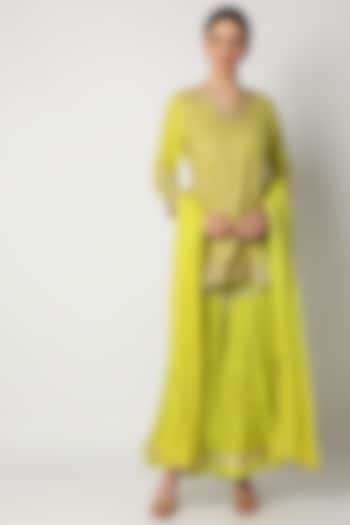 Lime Green Gharara Set With Aari Work For Girls by Nazar by Indu - Kids