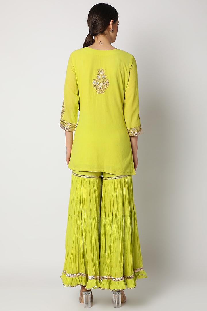 Lime Green Gharara Set With Aari Work For Girls by Nazar by Indu - Kids at Pernia's Pop Up Shop