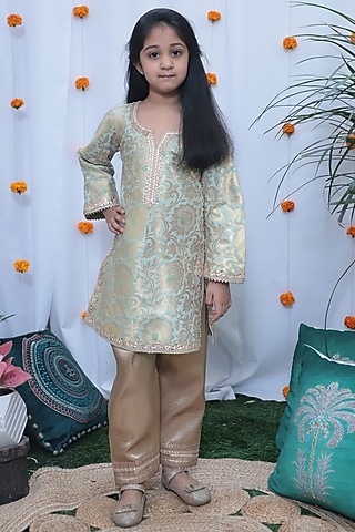 Mint Green Brocade Kurta Set For Girls by Baby Nazar