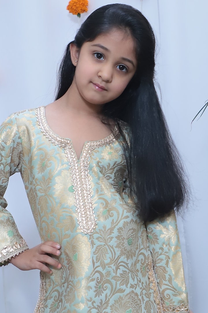 Mint Green Brocade Kurta Set For Girls by Baby Nazar at Pernia's Pop Up Shop