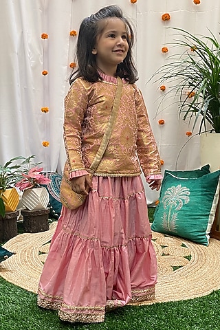 Pink Cotton Silk Lehenga Set For Girls by Baby Nazar