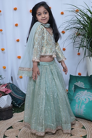 Mint Green Net Lehenga Set For Girls by Baby Nazar