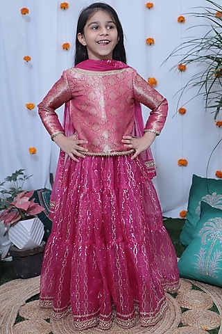 Fuchsia Net Lehenga Set For Girls by Baby Nazar