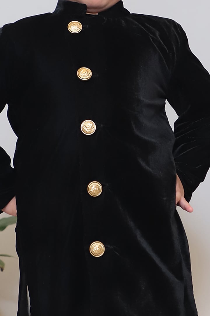 Black Velvet Sherwani Set For Boys by Baby Nazar at Pernia's Pop Up Shop