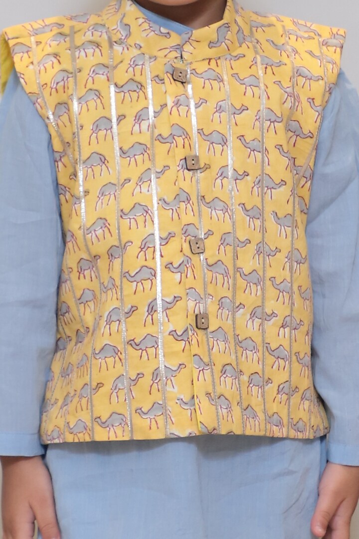 Powder Blue Kurta Set With Bundi Jacket For Boys by Baby Nazar at Pernia's Pop Up Shop