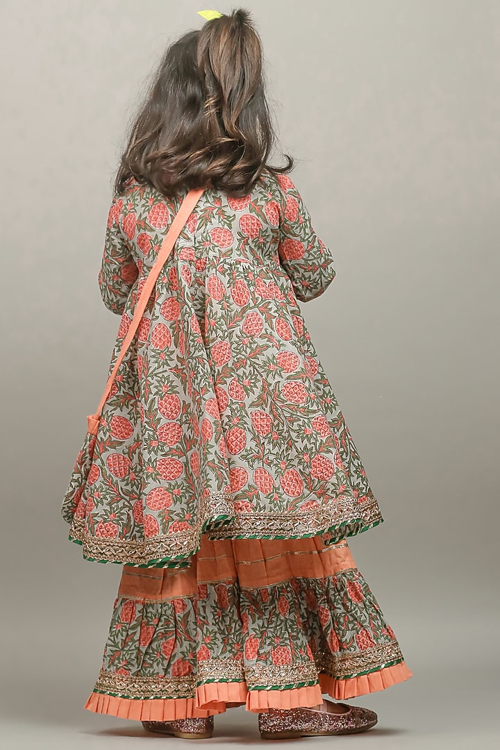 Peach Printed Gharara Set For Girls by Baby Nazar at Pernia's Pop Up Shop