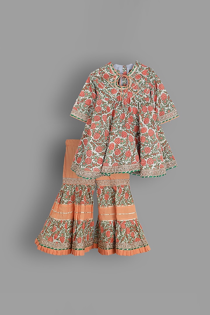 Peach Printed Gharara Set For Girls by Baby Nazar at Pernia's Pop Up Shop