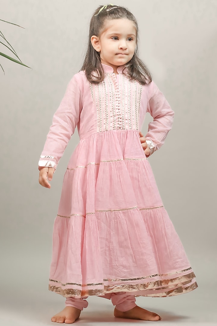 Baby Pink Cotton Anarkali Set For Girls by Baby Nazar
