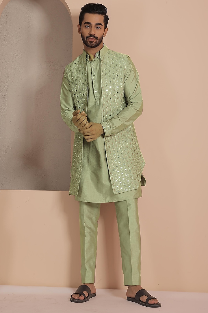 Pistachio Green Silk Mirror Work Indowestern Set by NAMAN AHUJA