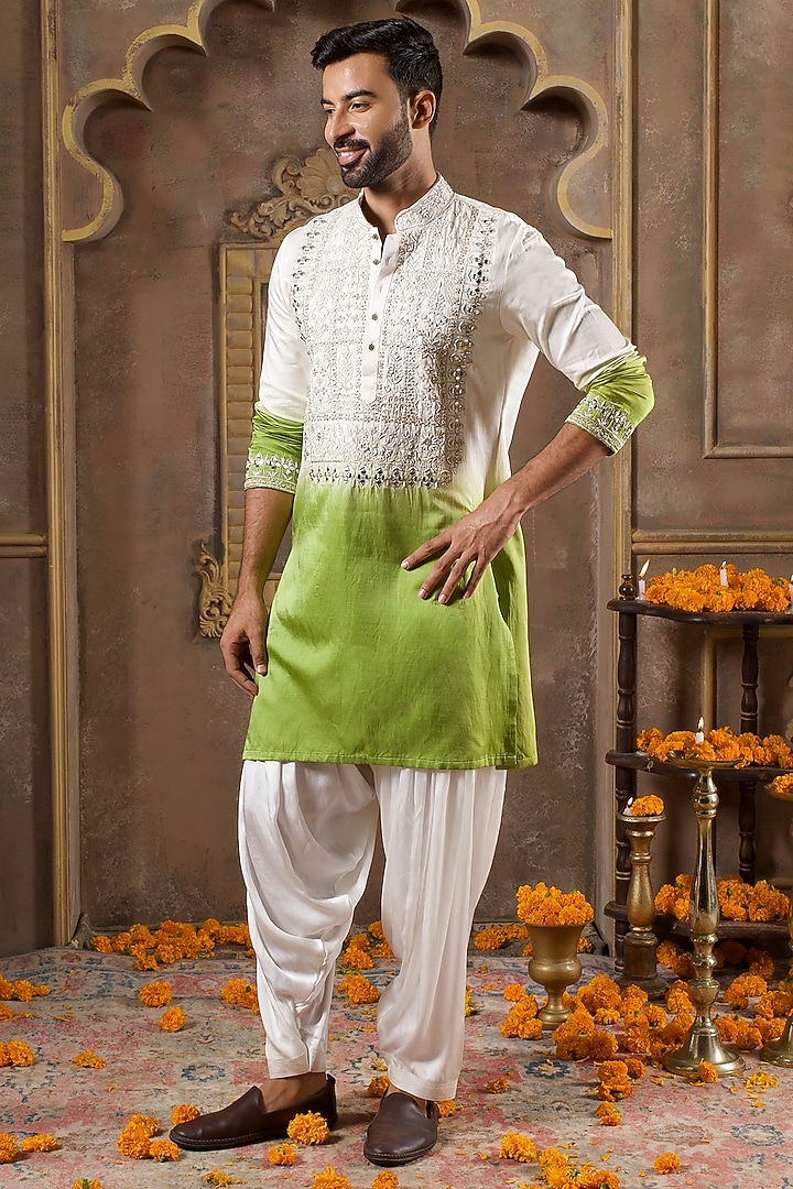 Green Ombre Linen Silk Embroidered Kurta Set by NAMAN AHUJA at Pernia's Pop Up Shop