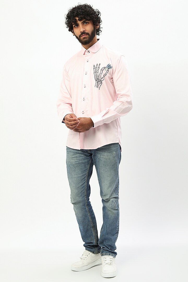 Powder Pink Shirt With Hand Embroidery by NAMAN AHUJA