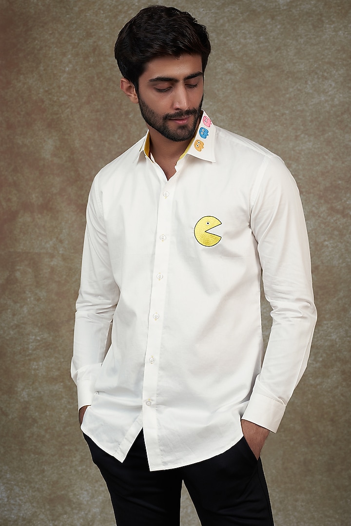 White Giza Cotton Party Wear Shirt by NAMAN AHUJA at Pernia's Pop Up Shop
