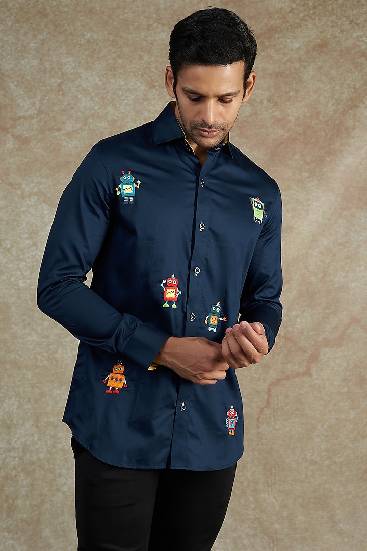 Navy Blue Embroidered Shirt by NAMAN AHUJA