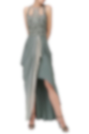 Grey Embroidered Asymmetrical Ombre Drape Gown by Naffs