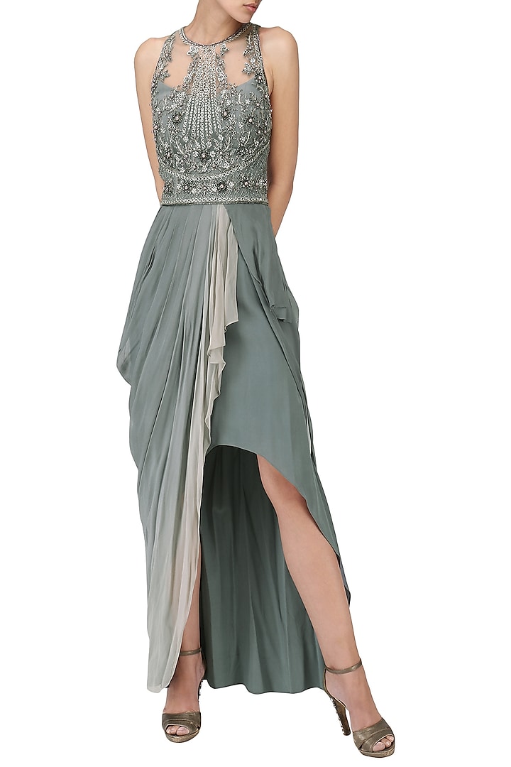 Grey Embroidered Asymmetrical Ombre Drape Gown by Naffs