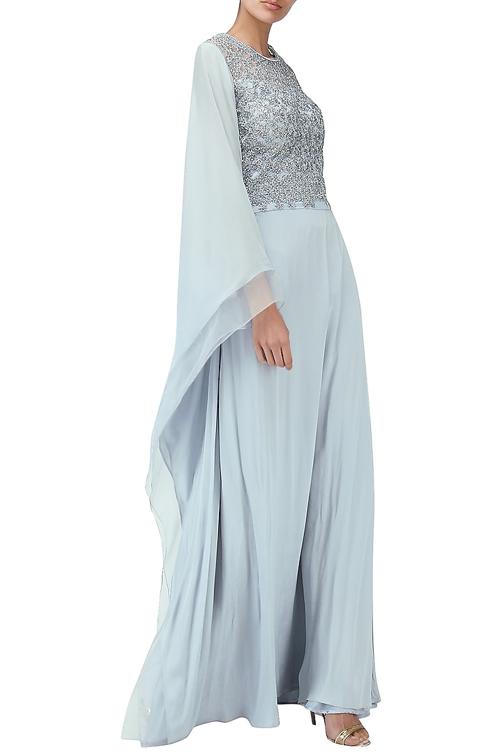 Pastel Blue Embroidered Kaftan Drape Gown by Naffs