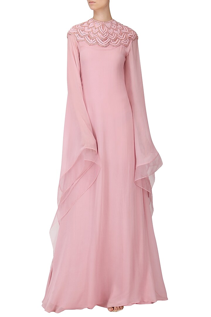 Pastel Pink Embroidered Kaftan Drape Gown by Naffs