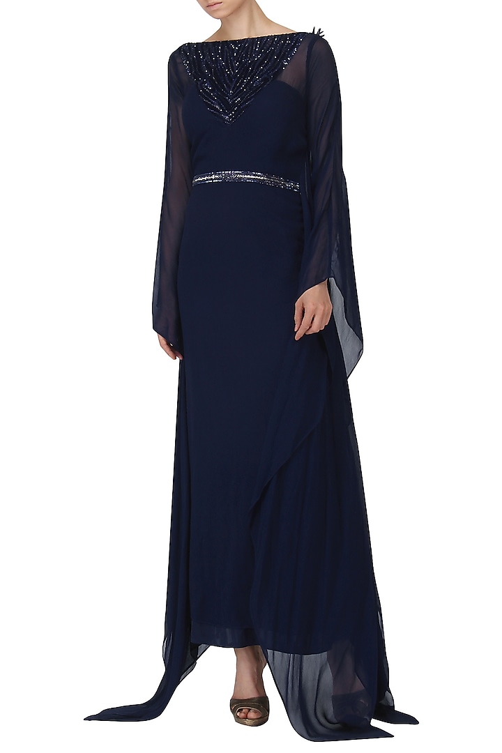 Navy Blue Embroidered Kaftan Drape Gown by Naffs