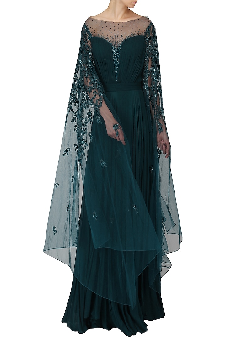 Teal Green Embroidered Drape Gown by Naffs