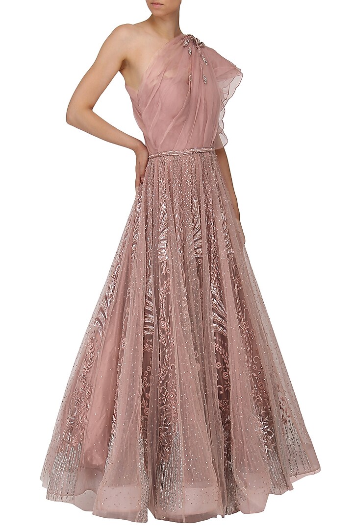 Rose Embroidered One Shoulder Drape Gown by Naffs