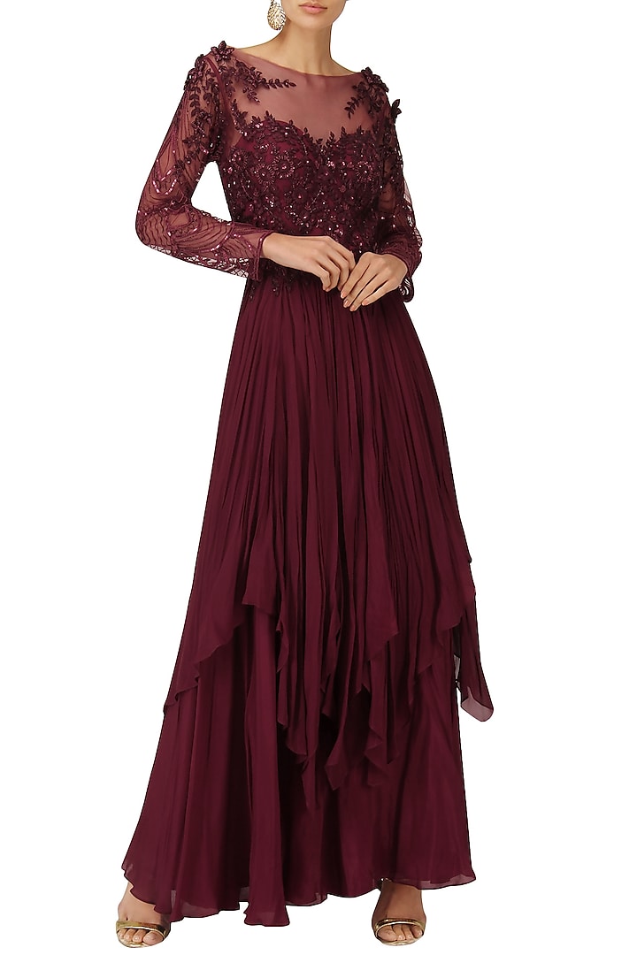 Windsor Wine Embroidered Layered Gown by Naffs