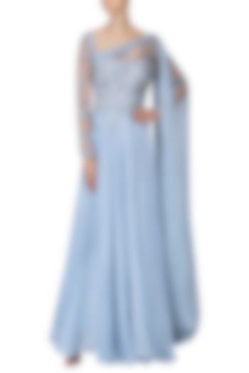 Pastel Blue Embroidered Drape Gown by Naffs
