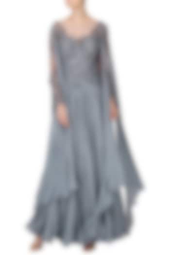 Grey Embroidered Drape Gown by Naffs