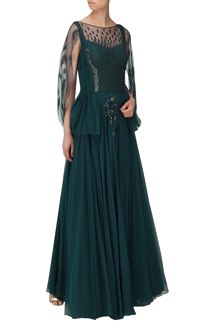 Teal Green Embroidered Peplum Gown by Naffs