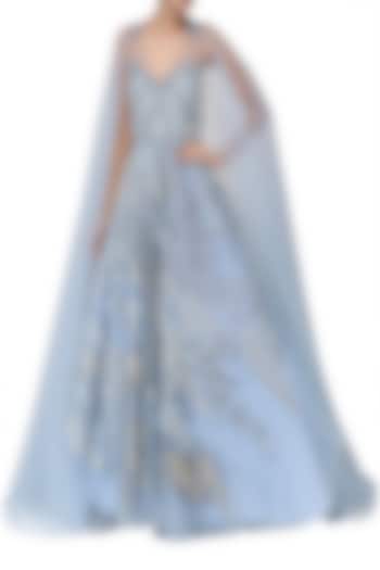 Pastel Blue Embroidered Trail Sleeves Gown by Naffs