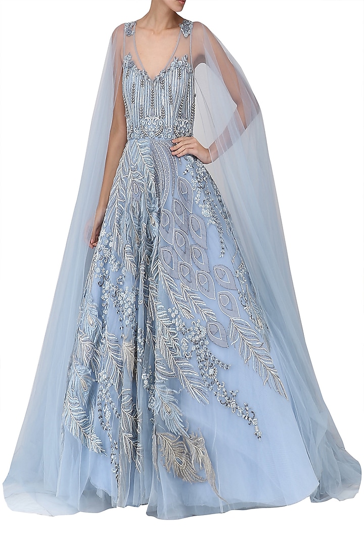 Pastel Blue Embroidered Trail Sleeves Gown by Naffs