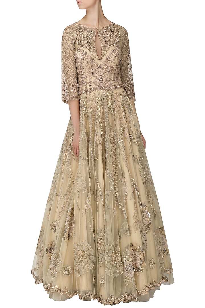 Champagne Gold Embroidered Gown by Naffs