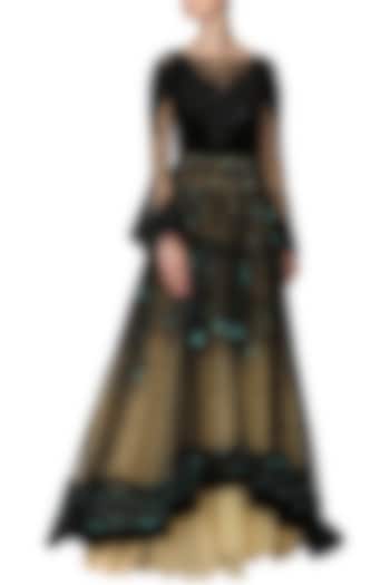 Black and Gold Embroidered Asymmetrical Layered Gown by Naffs