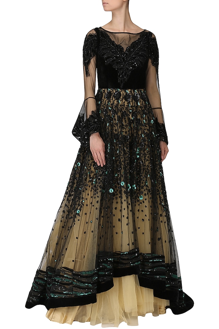 Black and Gold Embroidered Asymmetrical Layered Gown by Naffs