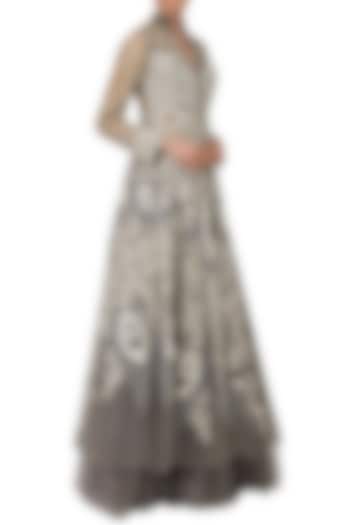 Grey and Ivory Embroidered Front Open Long Jacket and Skirt Set by Naffs