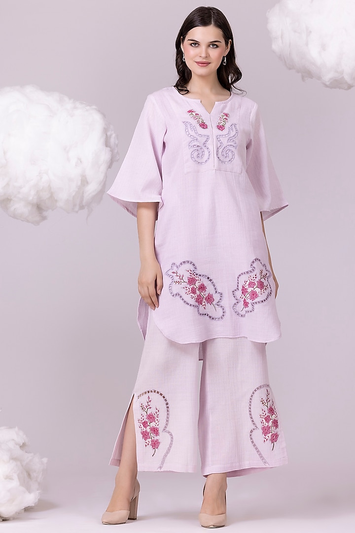 Lilac Pure Textured Cotton Printed & Embroidered Tunic Set by NAINA ARUNIMA