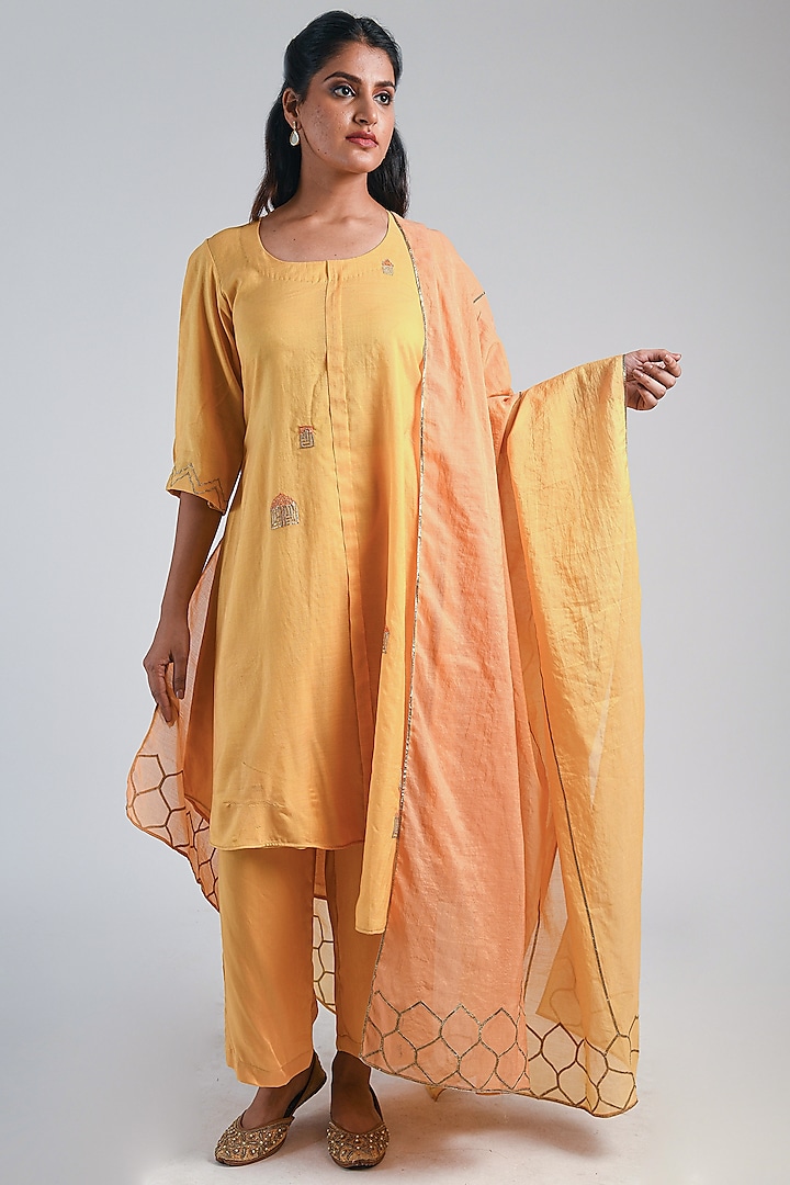 Yellow Embroidered Kurta Set by Naina Arunima