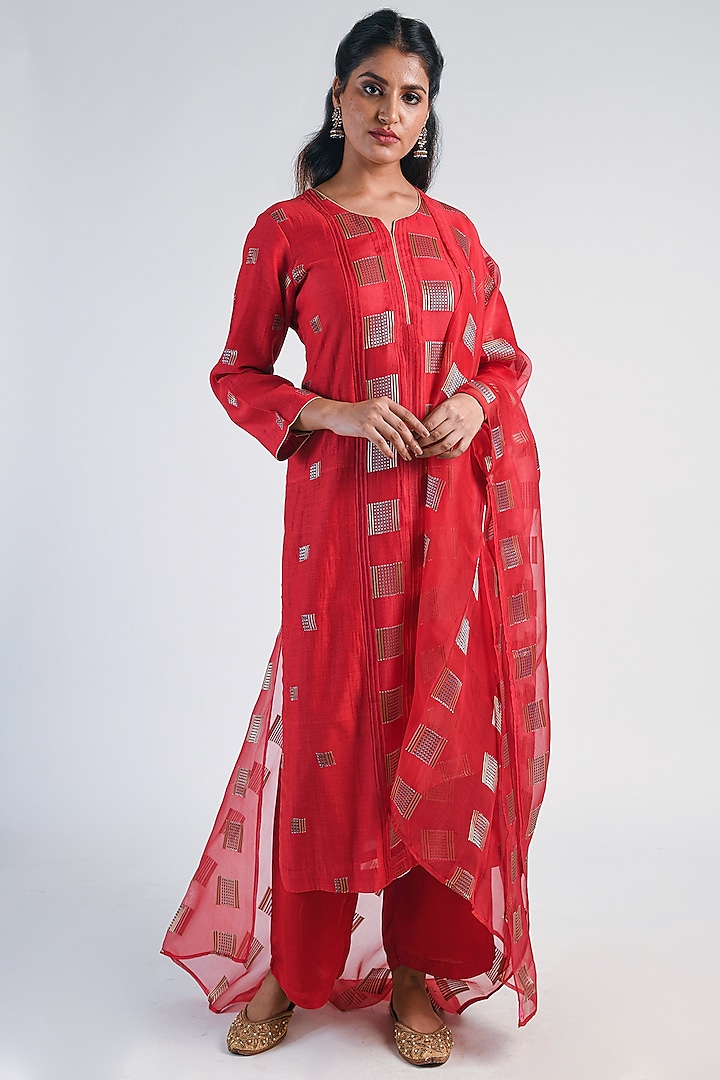 Scarlet Red Embroidered Anarkali Set by Naina Arunima