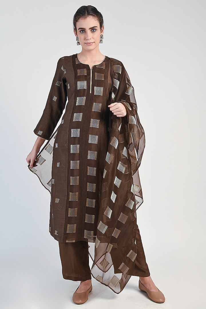 Coffee Brown Embroidered Kurta Set by Naina Arunima at Pernia's Pop Up Shop
